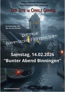 Plakat des Bommseckel-Fasnachtsfilms 2026 „Der Tote im Canale Grande“ zum Bunten Abend am 14.02.2026