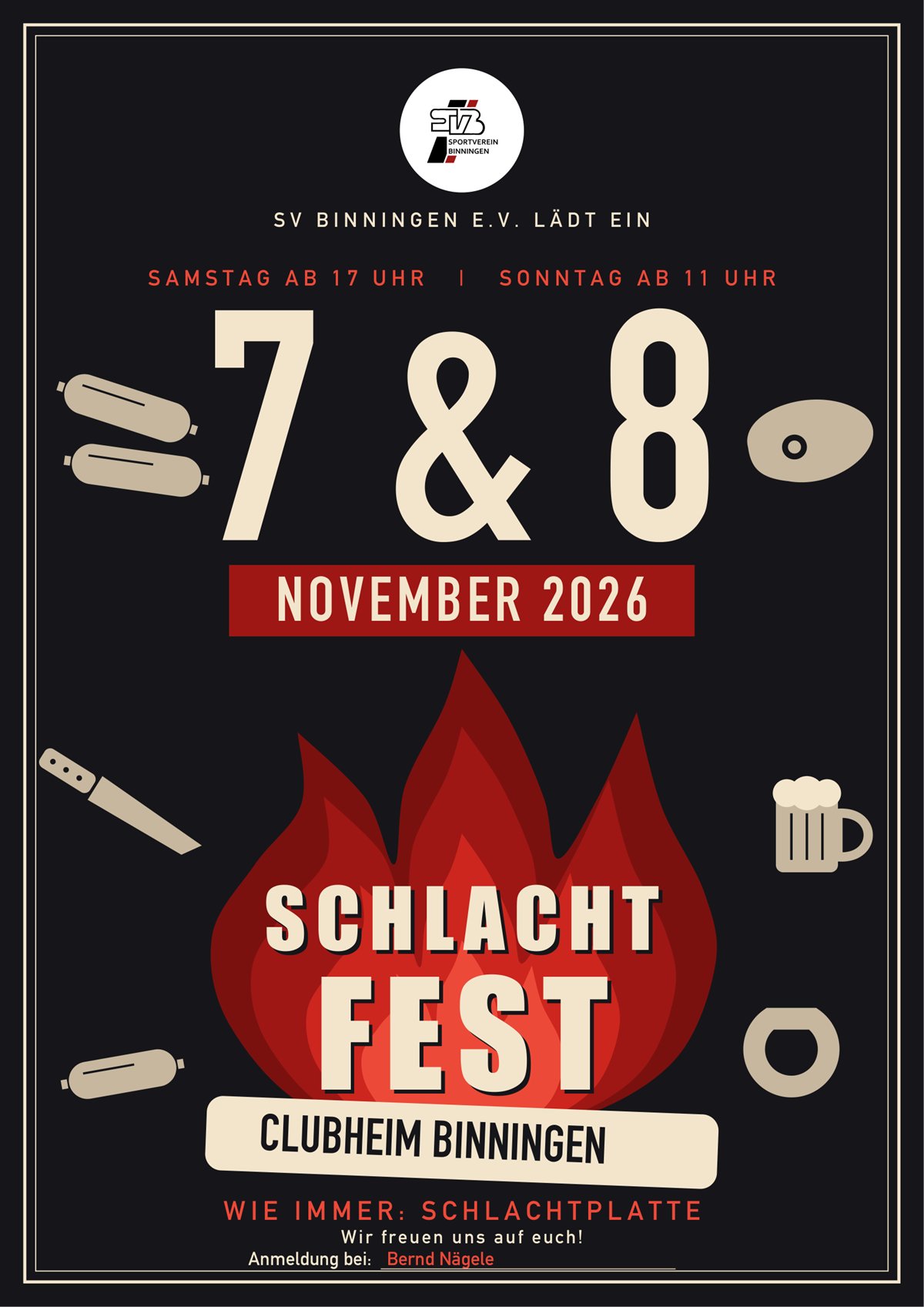 Flyer zum Schlachtfest 2026 im Clubheim Binningen am 7. und 8. November