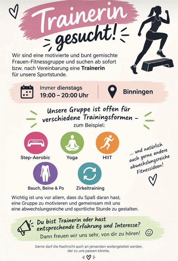 Flyer „Trainerin gesucht!“ der Frauen-Fitnessgruppe: immer dienstags 19:00 bis 20:00 Uhr in Binningen
